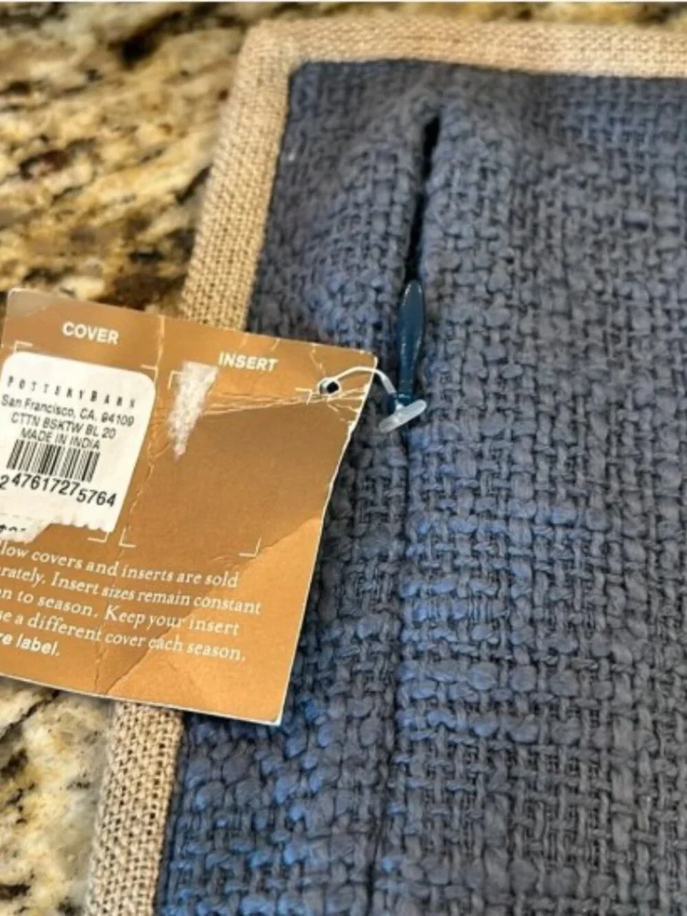 Pottery Barn linen w/jute trim blue square pillow cover 20